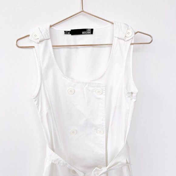 Love Moschino White Sleeveless Belted Eyelet Lace Trim Button Up Dress Size 4 - Picture 2 of 8